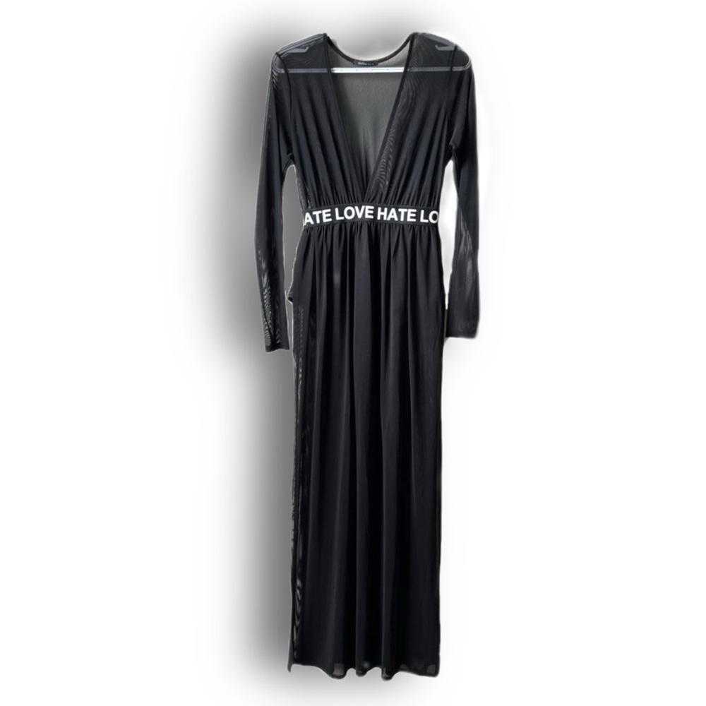 LOVE HATE Slitted Long Sleeve Black Mesh Dress